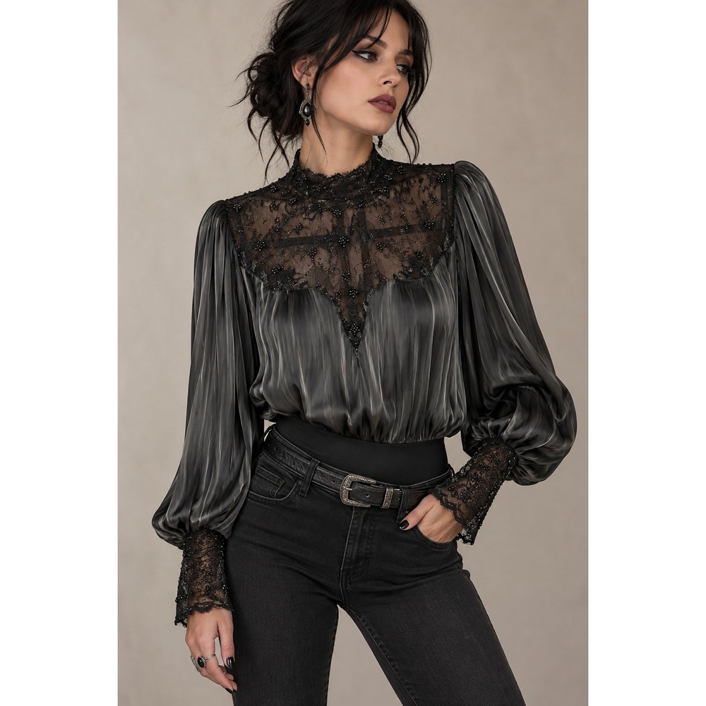 Y2K Goth Black Satin Bodysuit XL Lace Beaded Romantic Blouse Broadway 38